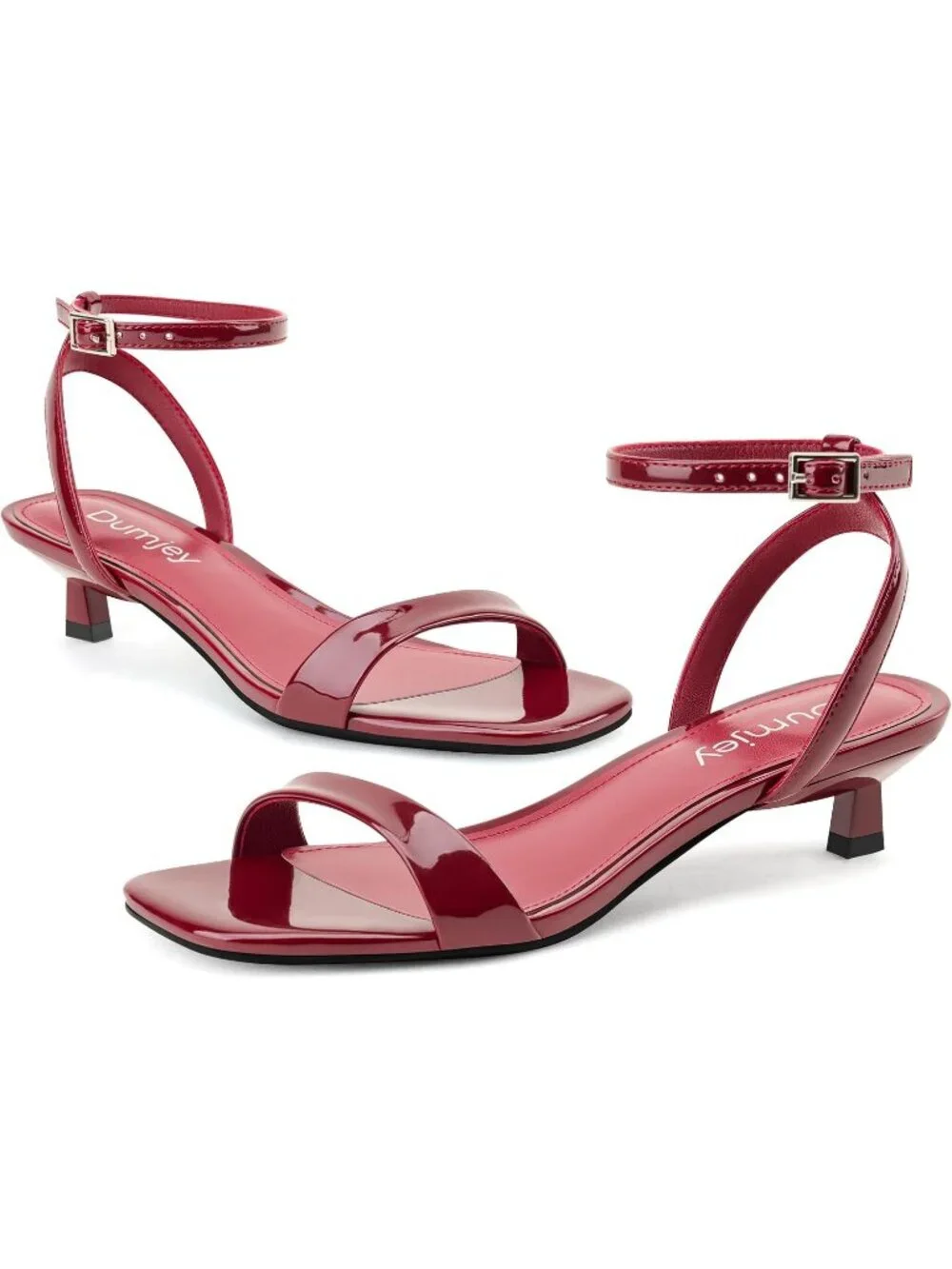 Women's Burgundy Faux Leather Square Open Toe Ankle Strap Kitten Heeled Sandals